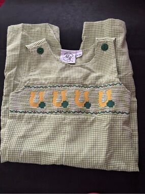 Kids Green Gingham Smocked Jumper Horseshoe Embroidery and Clovers